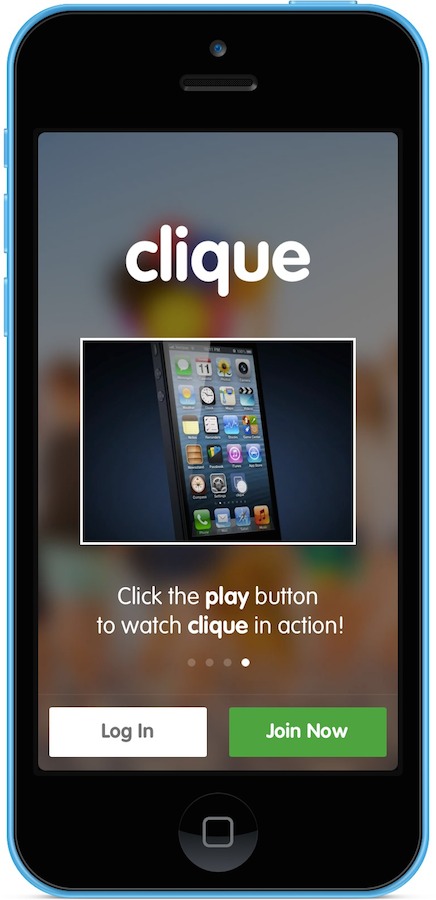 blue iPhone 5C displaying a screenshot of the Clique app walkthrough